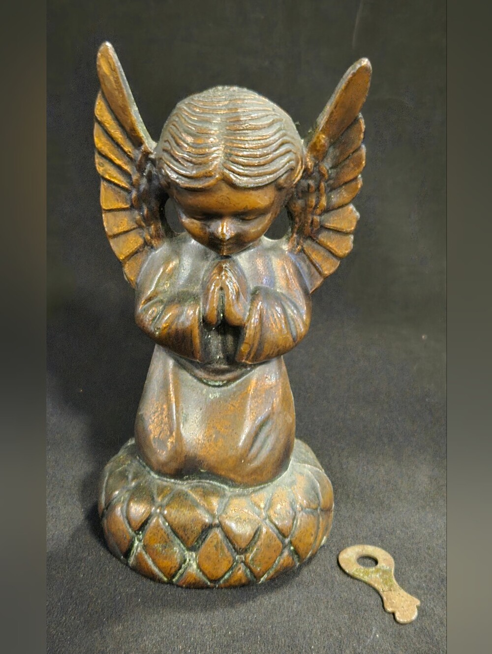 Bronze-Tone Praying Angel Coin Bank With Key Decorative Home Art